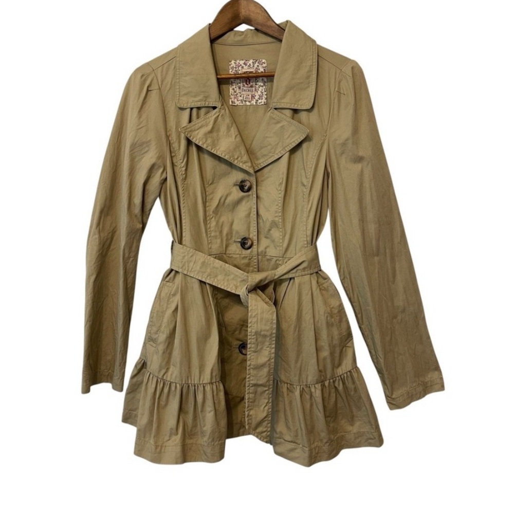 Women’s tan trench‎ coat peplum size L midi length preppy minimalist neutral